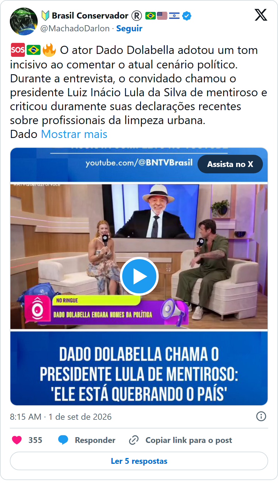 Print arquivado do post de Dado Dolabella em 01/09/2026