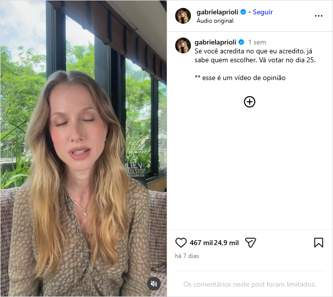 Print arquivado do post de Gabriela Prioli em 07/10/2026