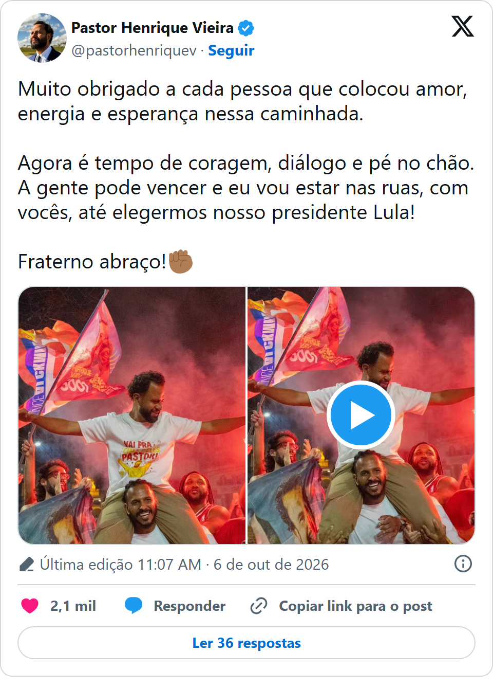 Print arquivado do post de Henrique Vieira em 06/10/2026