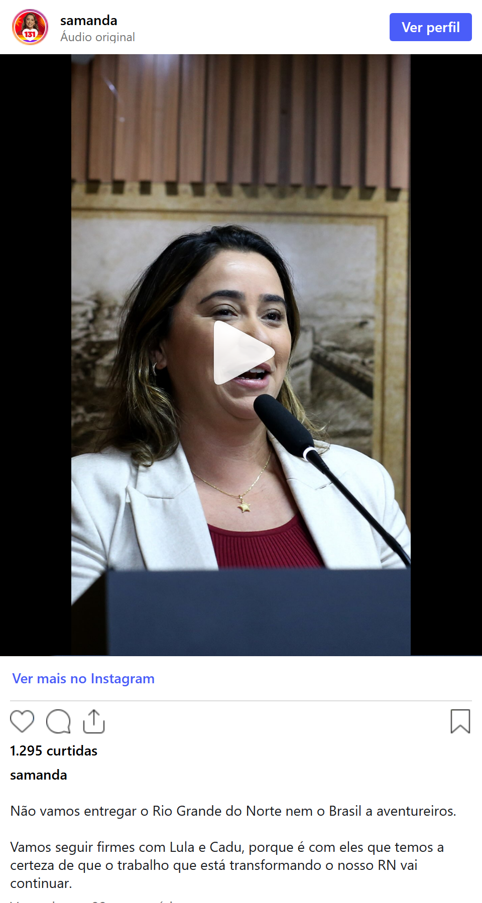 Print arquivado do post de Samanda de Lula em 06/10/2026
