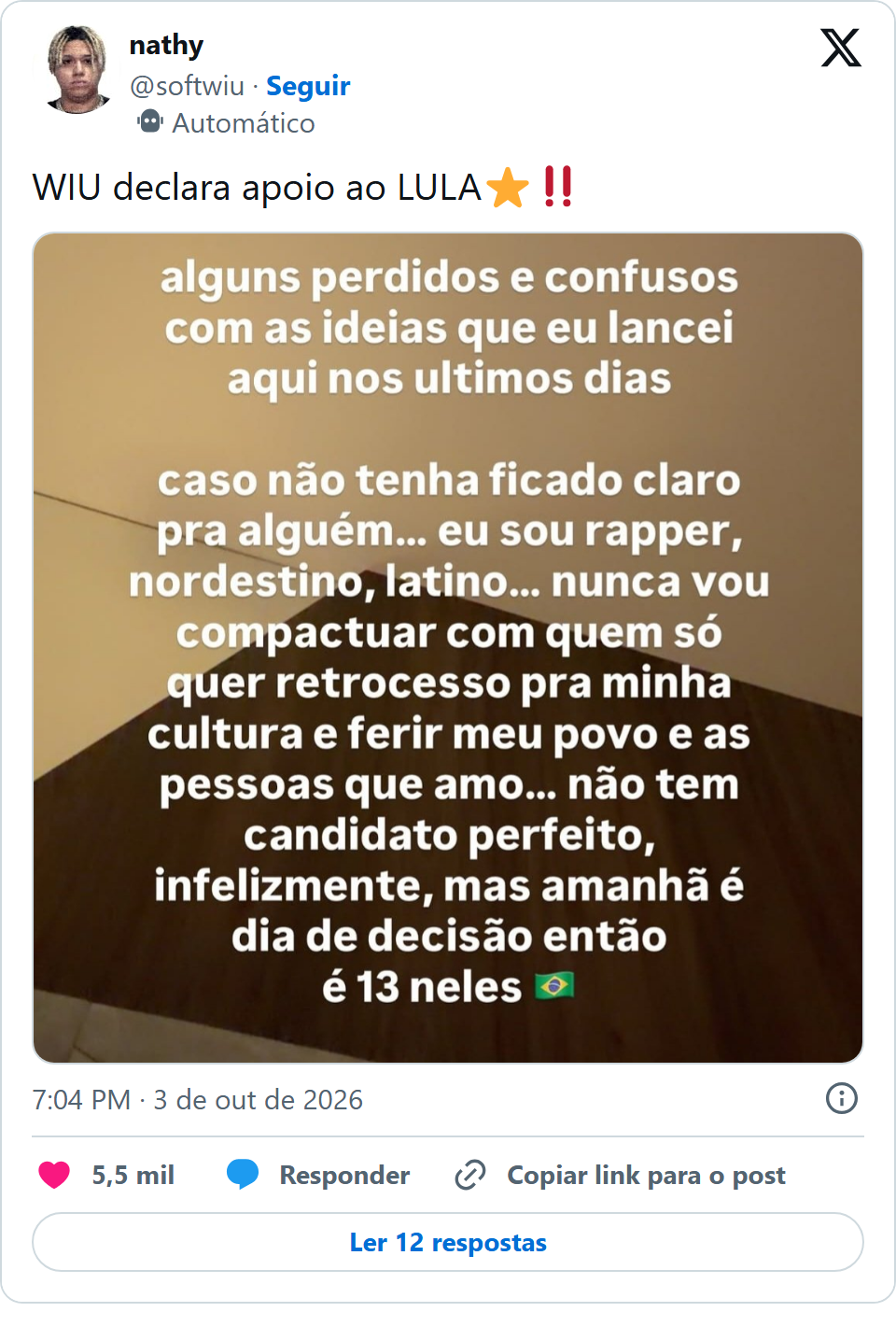 Print arquivado do post de WIU em 03/10/2026