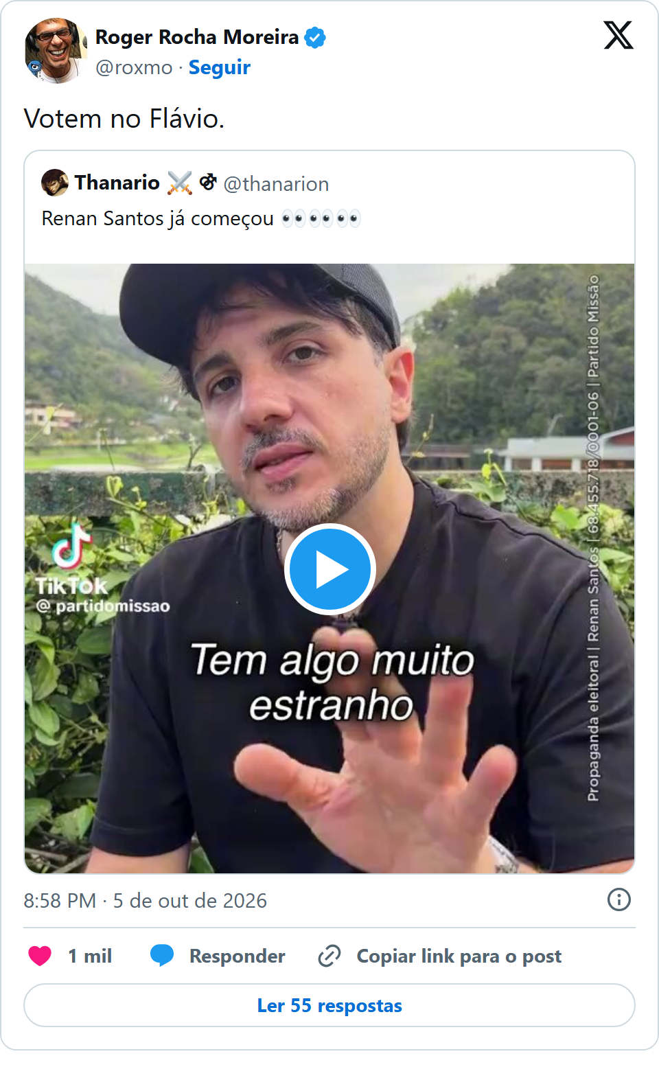 Print arquivado do post de Roger Rocha Moreira em 05/10/2026