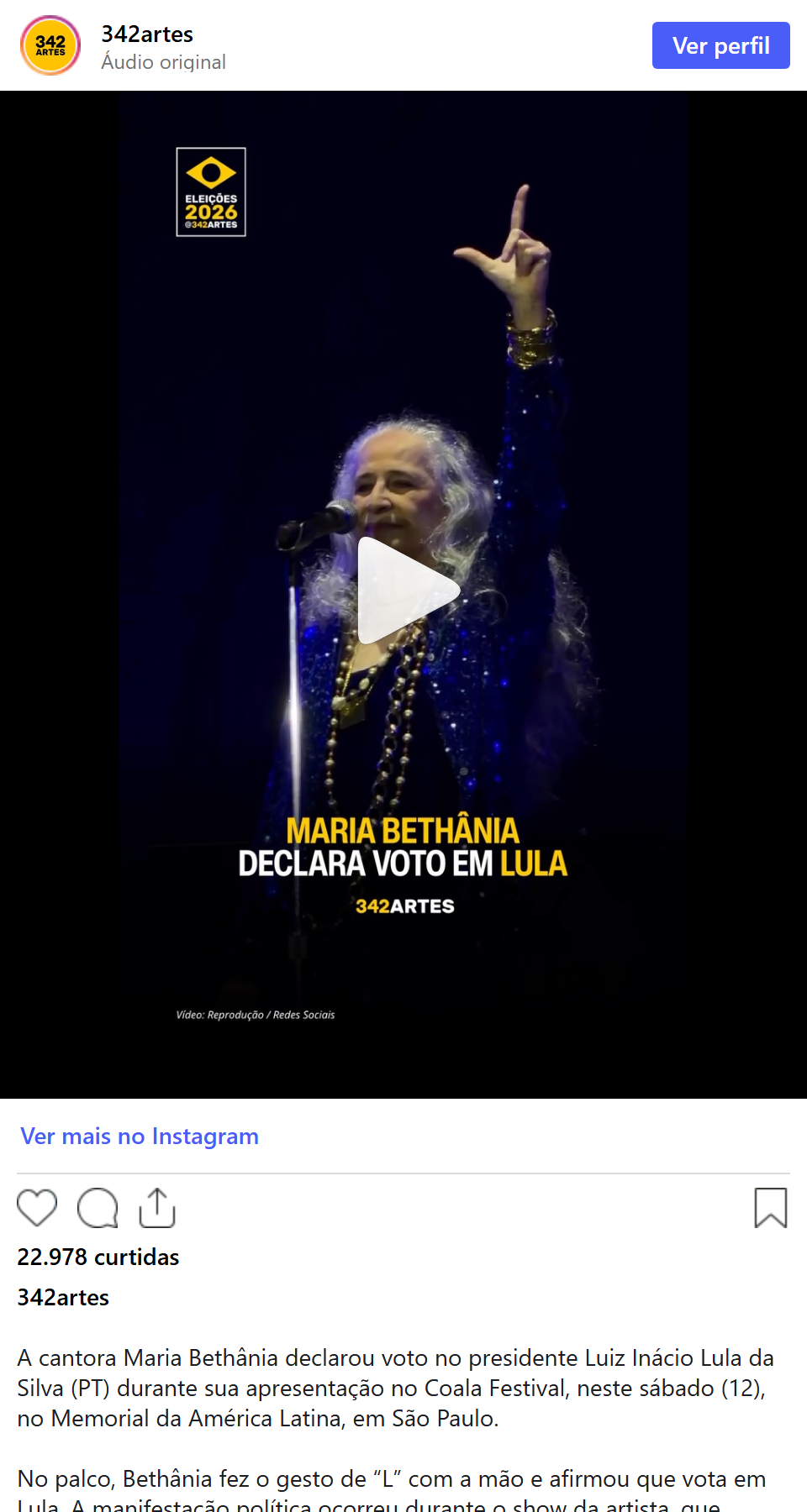 Print arquivado do post de Maria Bethânia em 12/09/2026