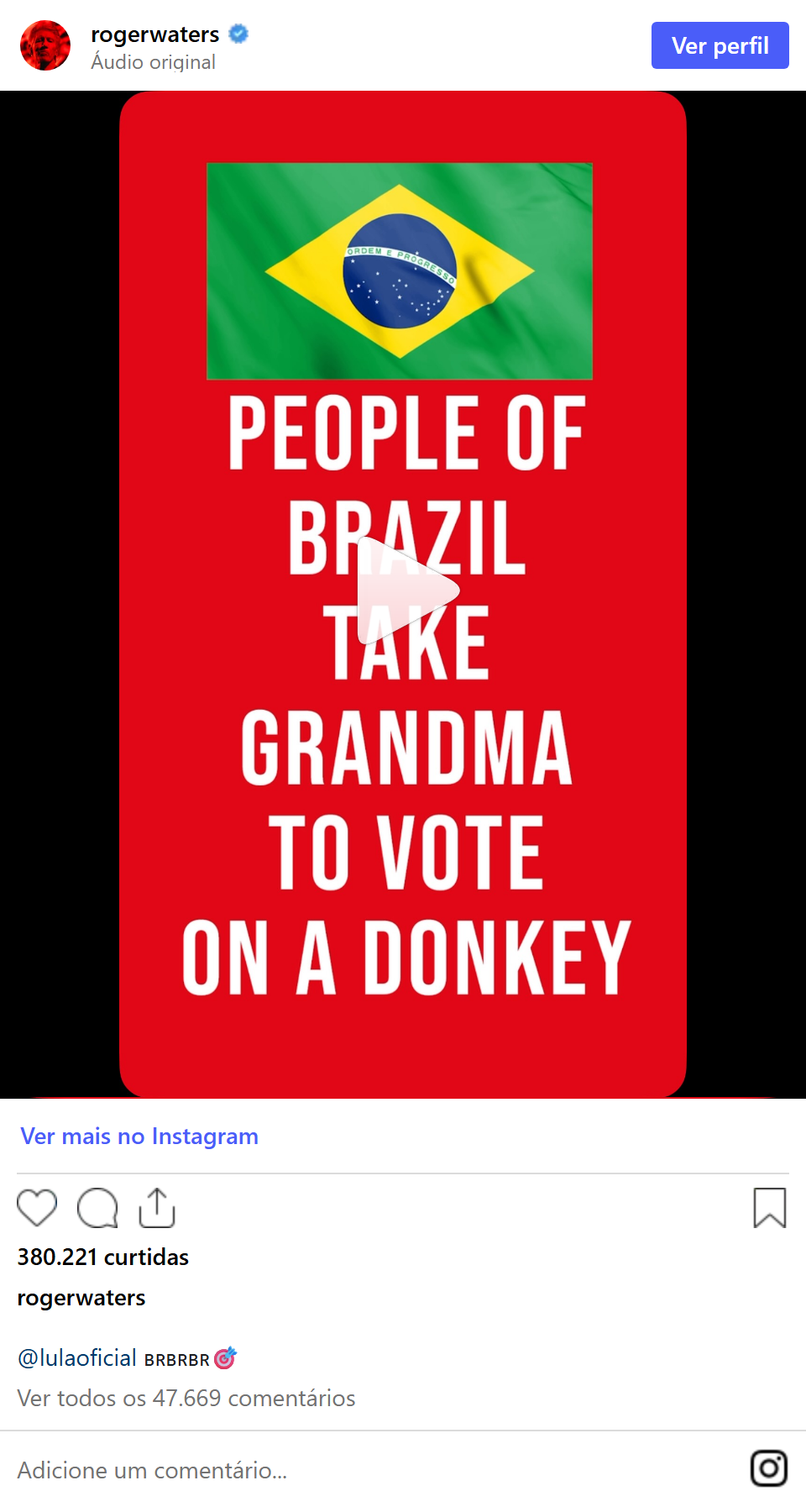 Print arquivado do post de Roger Waters em 20/10/2026