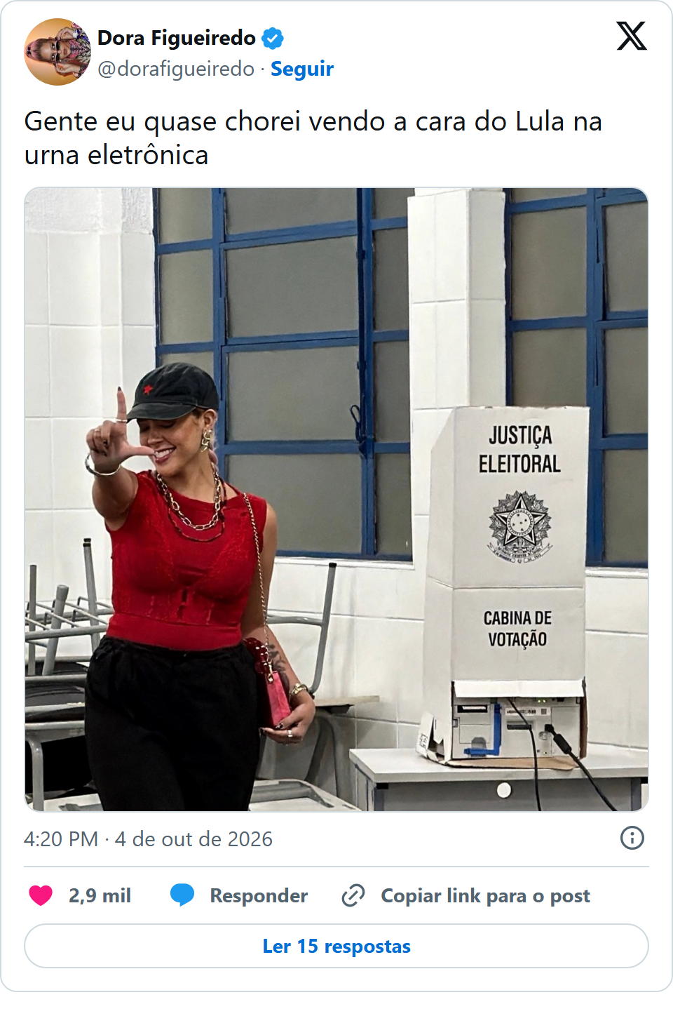 Print arquivado do post de Dora Figueiredo em 04/10/2026