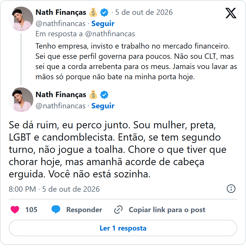 Print arquivado do post de Nath Finanças em 05/10/2026