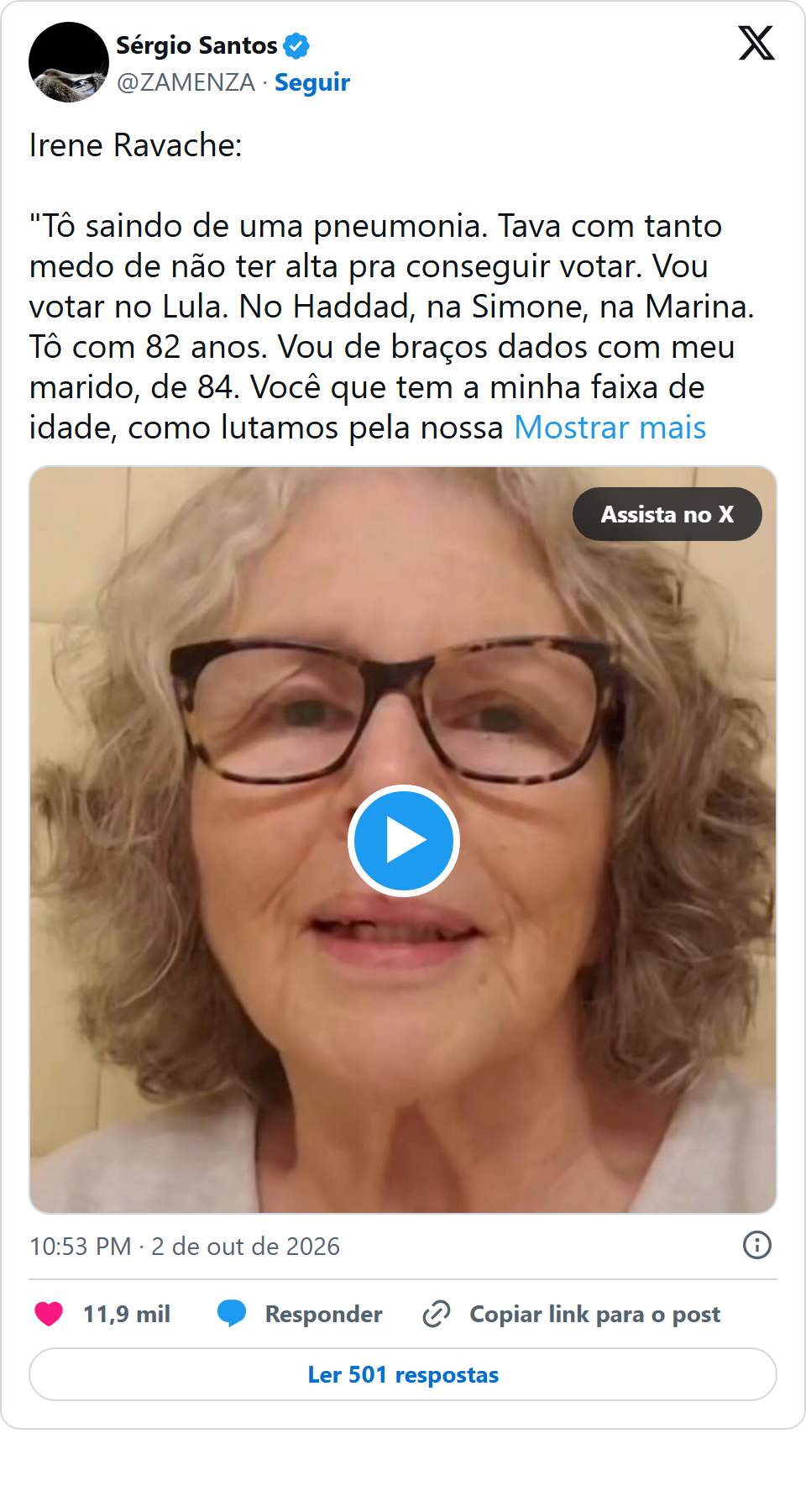 Print arquivado do post de Irene Ravache em 02/10/2026