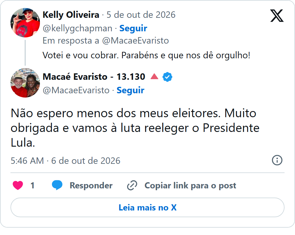 Print arquivado do post de Macaé Evaristo em 06/10/2026