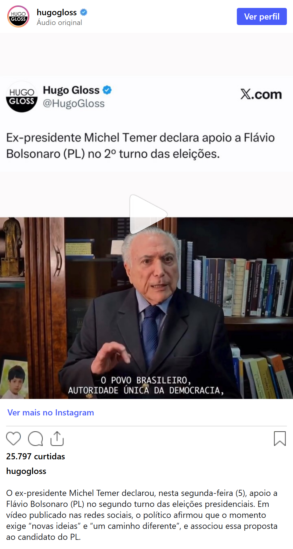 Print arquivado do post de Michel Temer em 05/10/2026