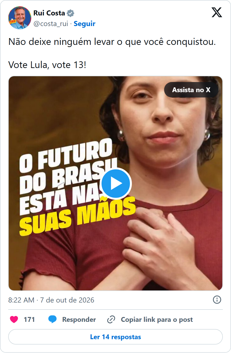 Print arquivado do post de Rui Costa em 07/10/2026