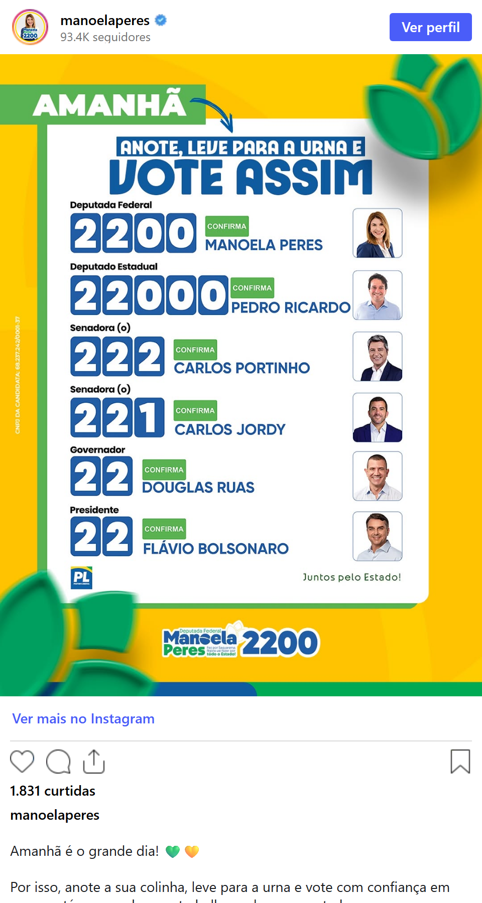 Print arquivado do post de Manoela Peres em 03/10/2026