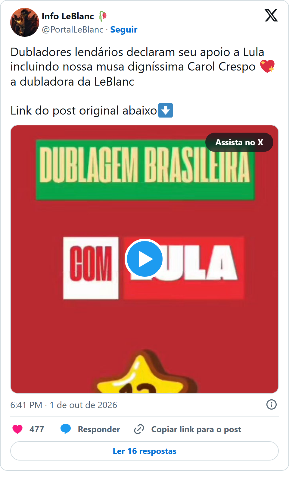 Print arquivado do post de Carol Crespo em 01/10/2026