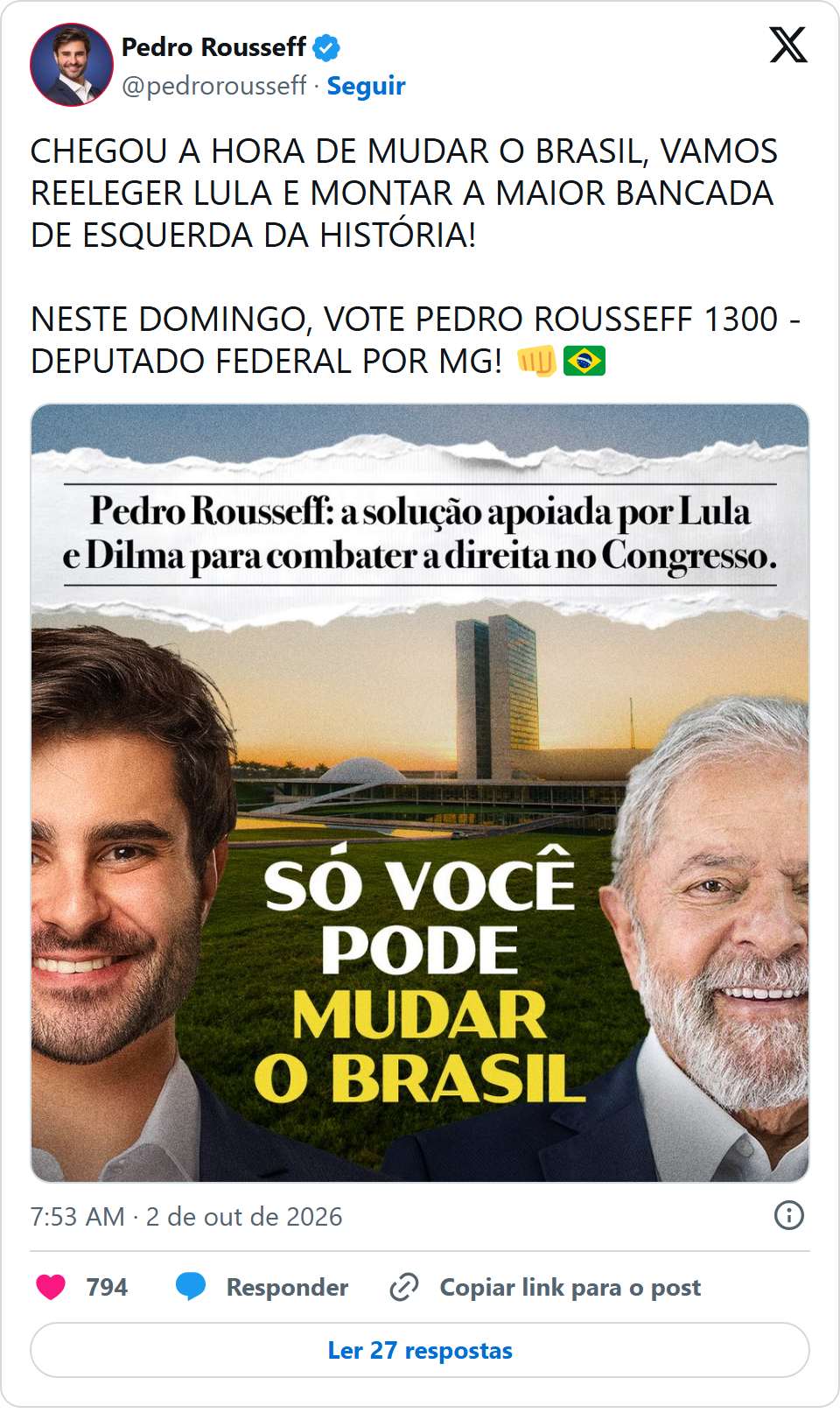 Print arquivado do post de Pedro Rousseff em 02/10/2026