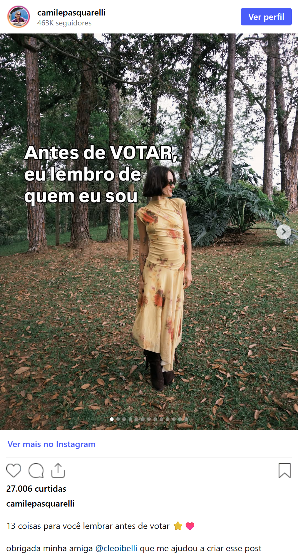 Print arquivado do post de Camile Pasquarelli em 10/10/2026