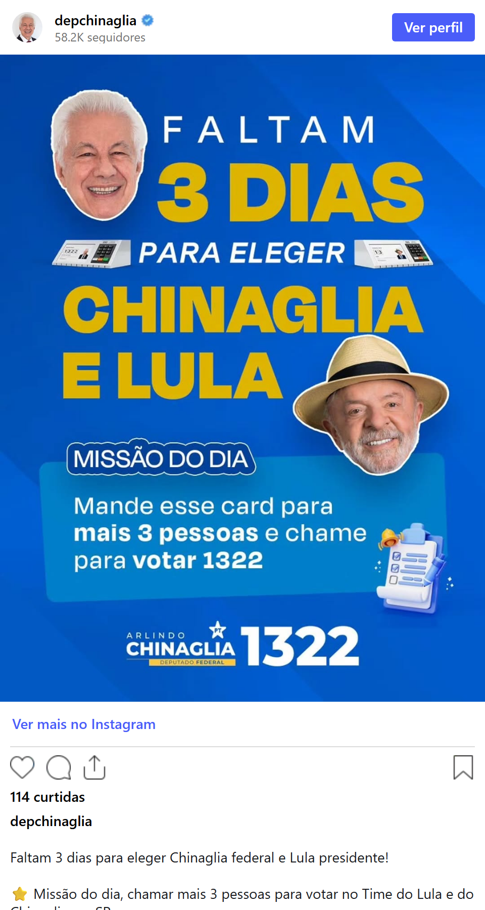 Print arquivado do post de Arlindo Chinaglia em 01/10/2026