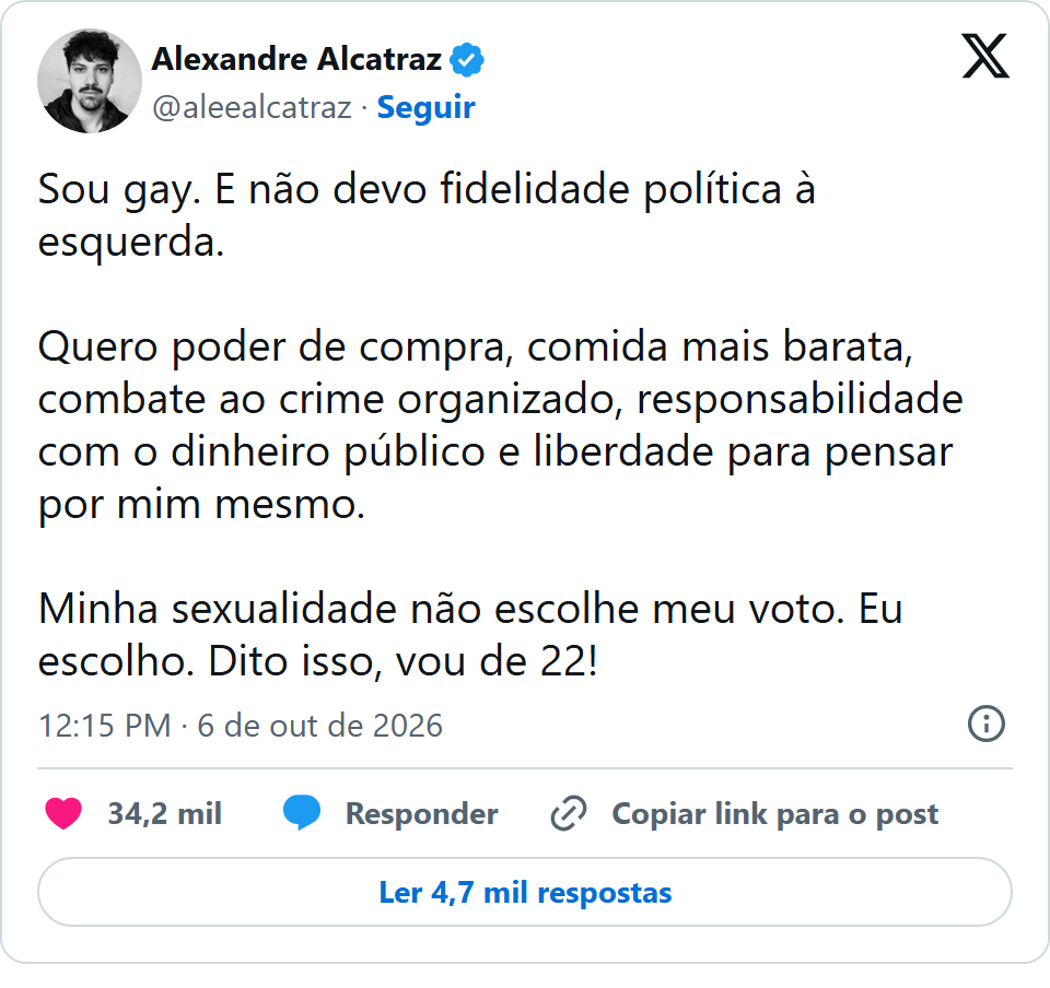 Print arquivado do post de Alexandre Alcatraz em 06/10/2026