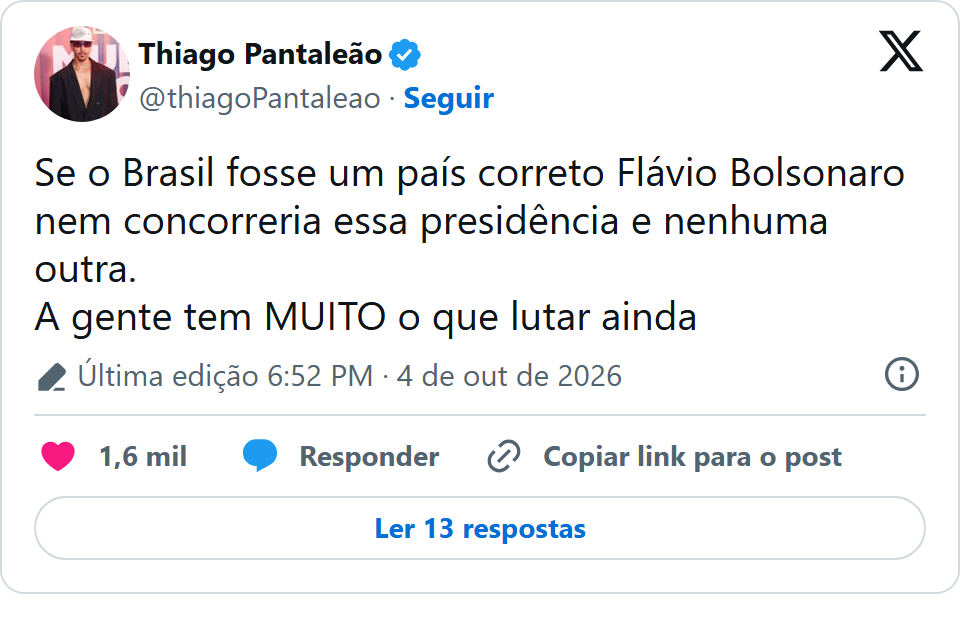 Print arquivado do post de Thiago Pantaleão em 04/10/2026