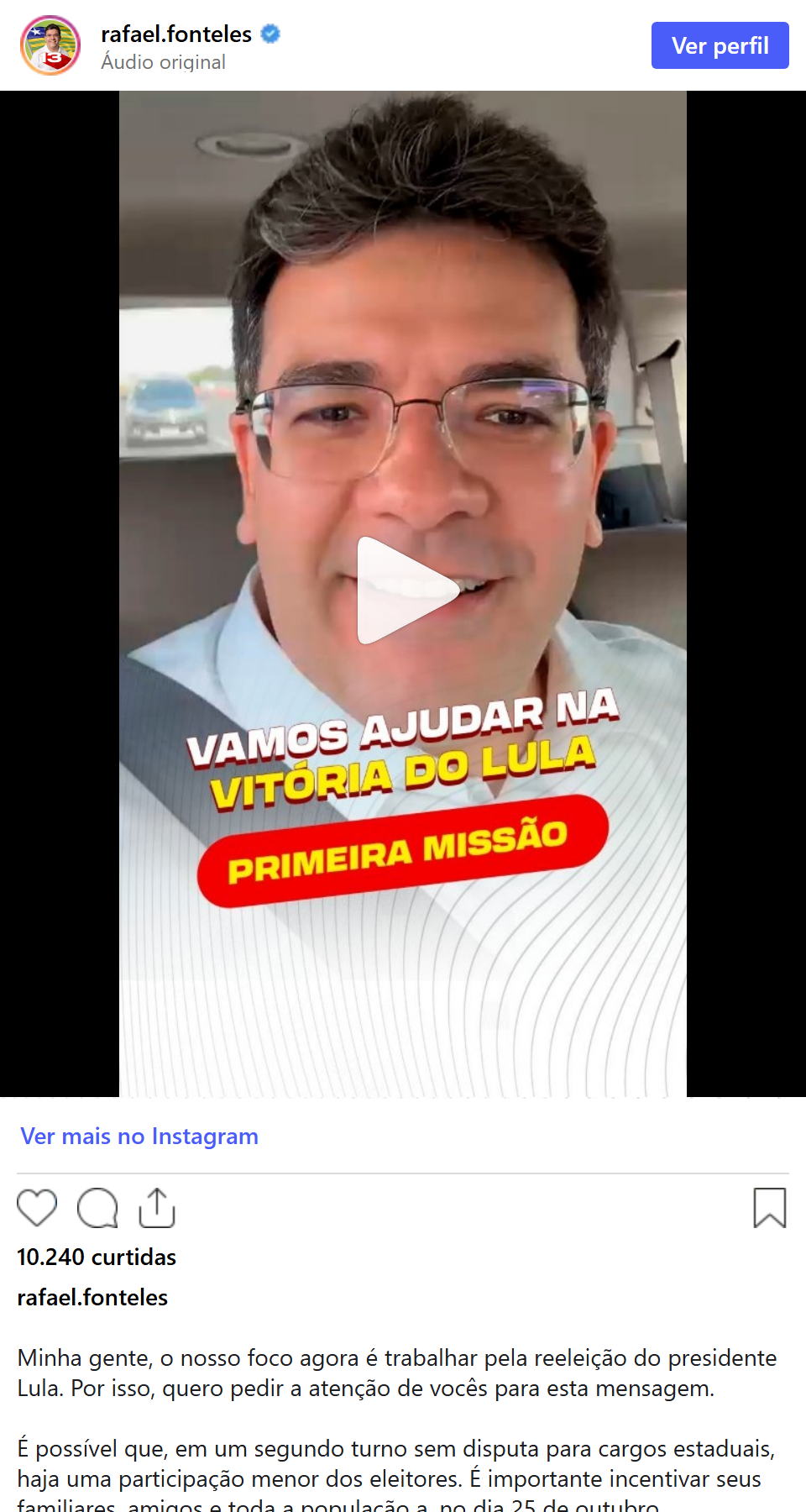 Print arquivado do post de Rafael Fonteles em 06/10/2026