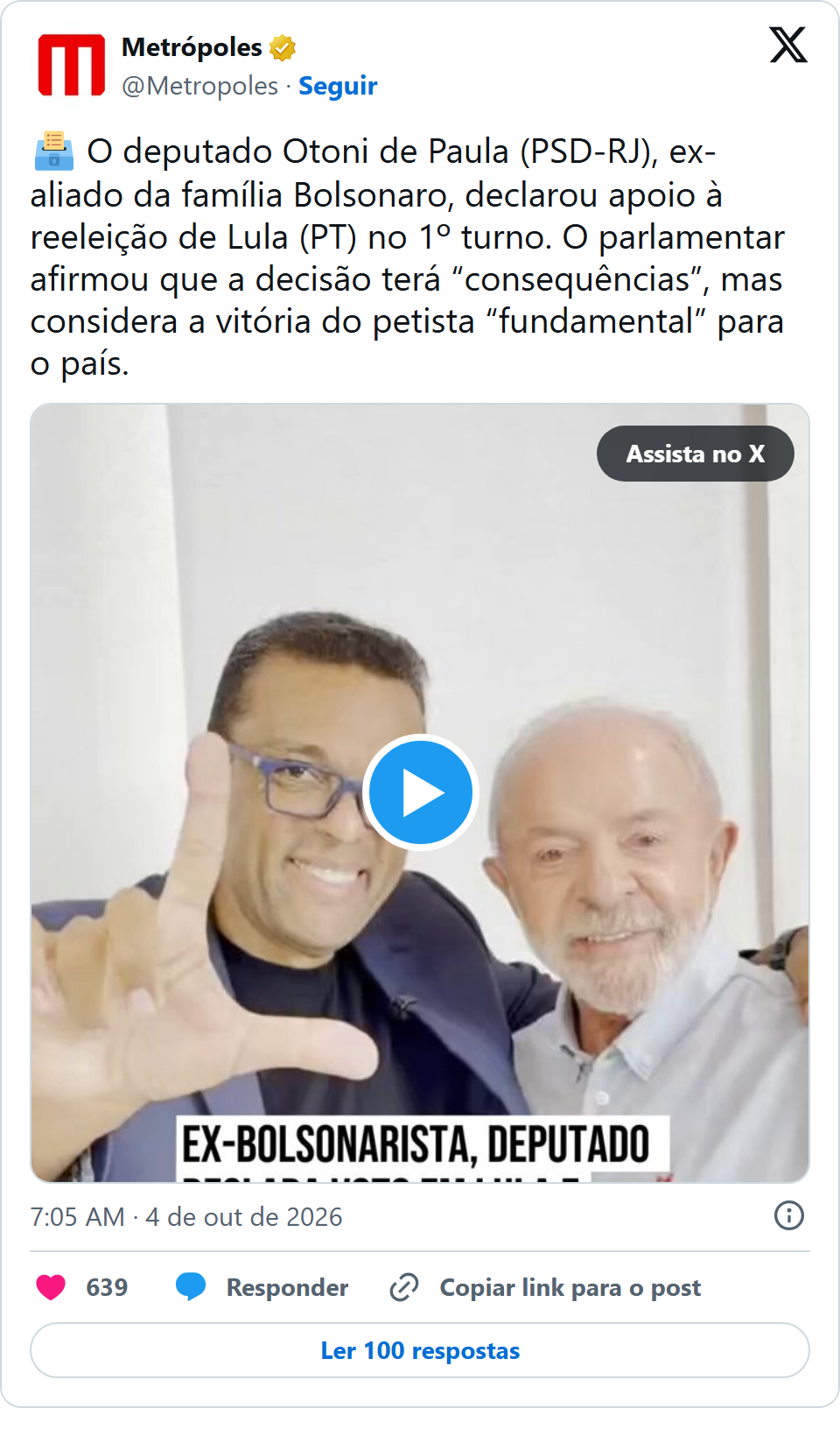 Print arquivado do post de Otoni de Paula em 04/10/2026