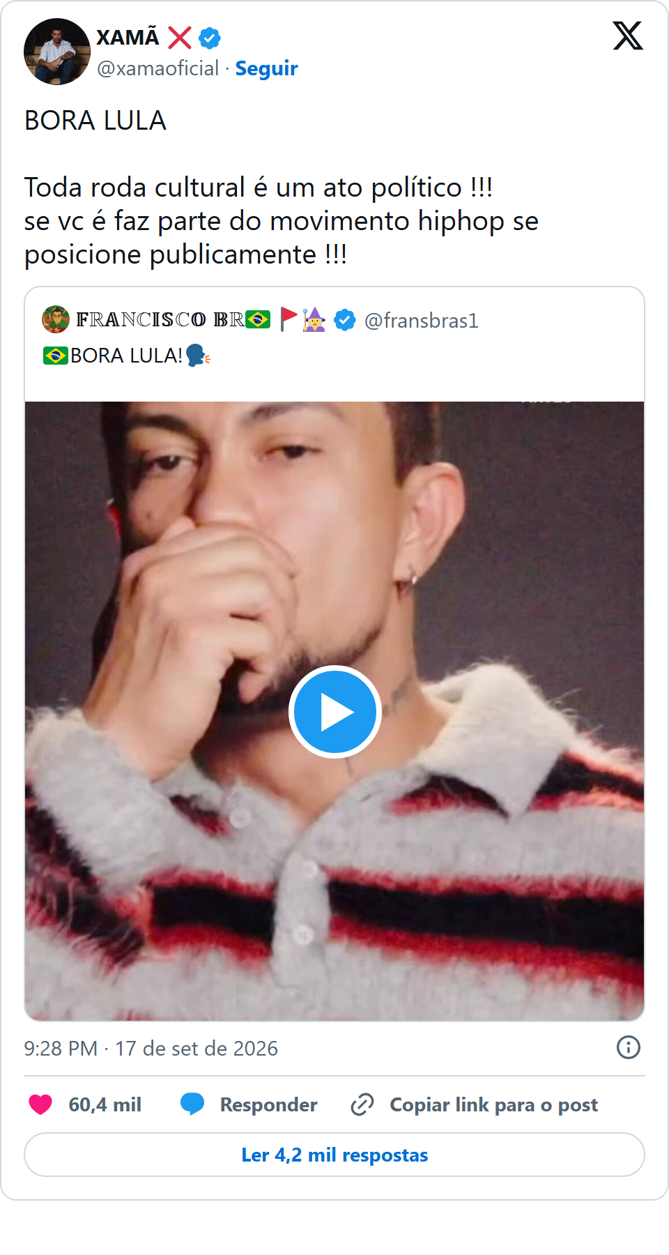 Print arquivado do post de Xamã em 17/09/2026