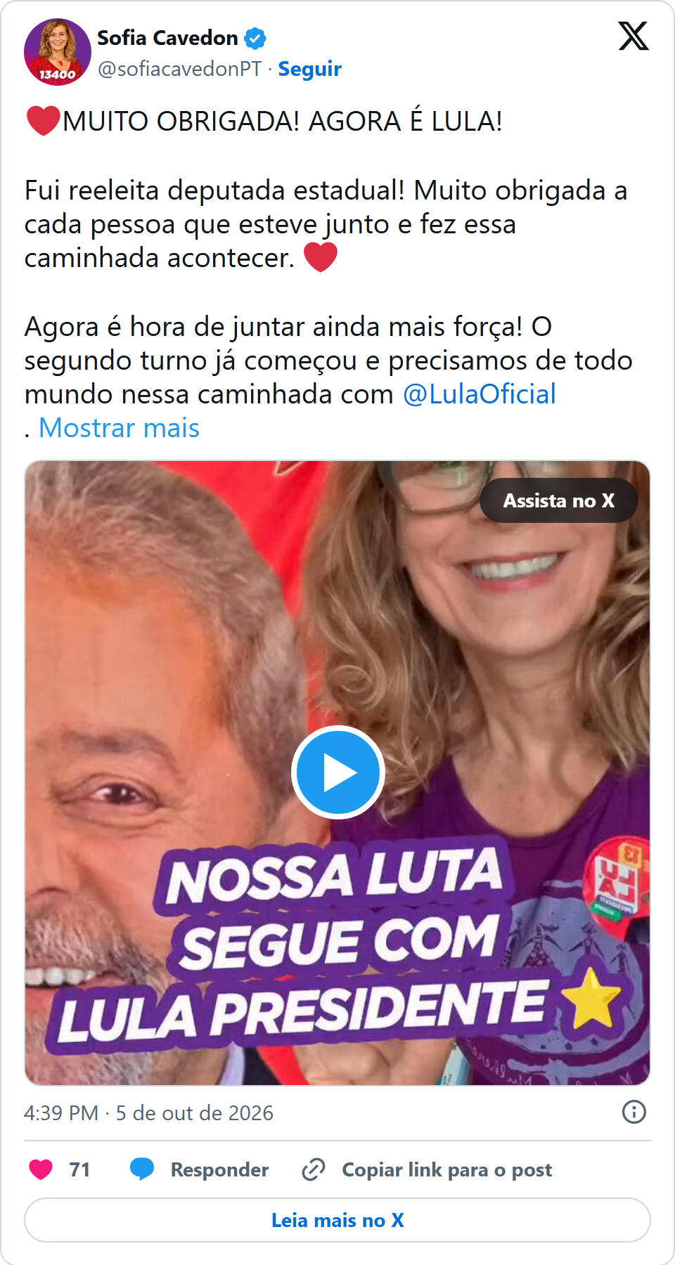 Print arquivado do post de Sofia Cavedon em 05/10/2026