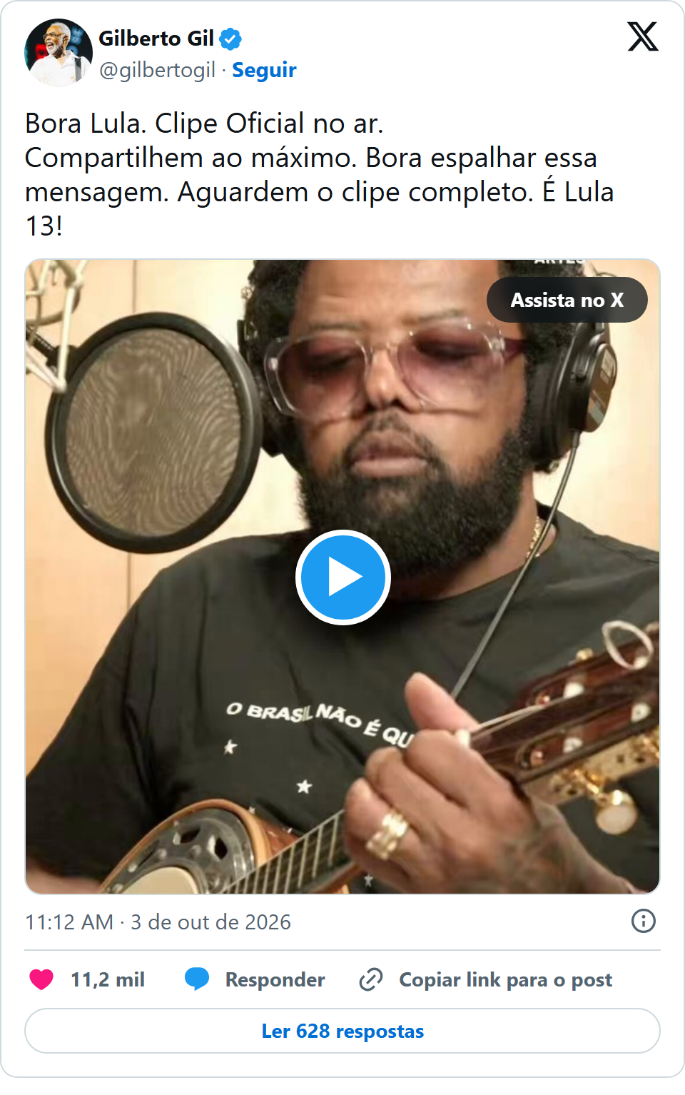 Print arquivado do post de Gilberto Gil em 03/10/2026