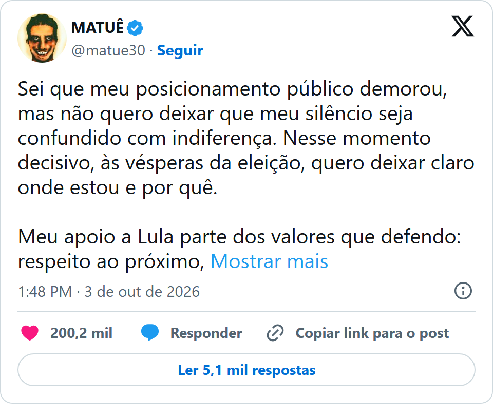 Print arquivado do post de Matuê em 03/10/2026