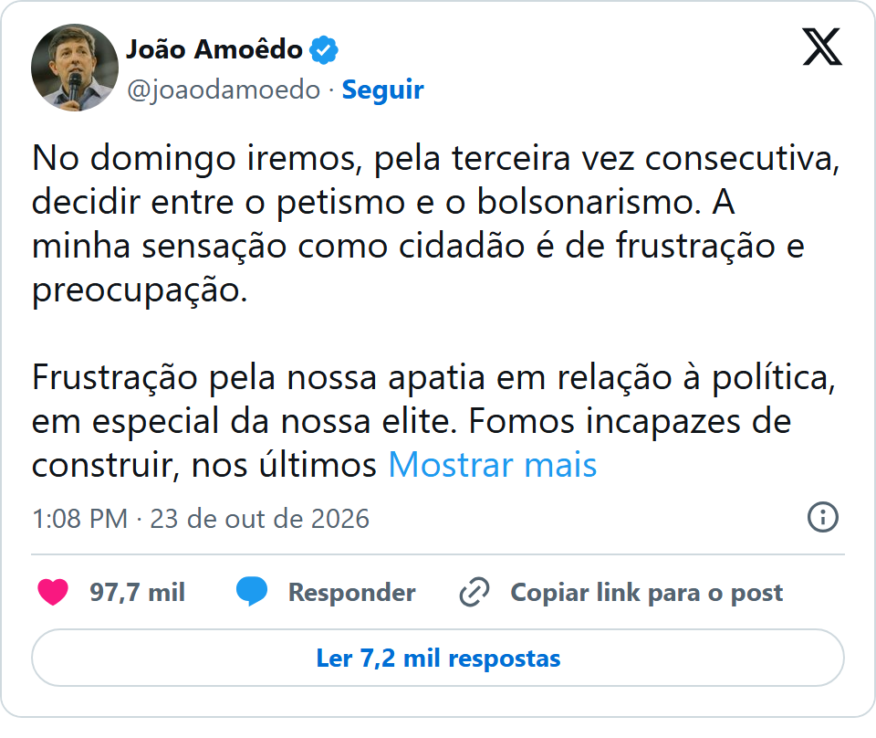 Print arquivado do post de João Amoêdo em 23/10/2026