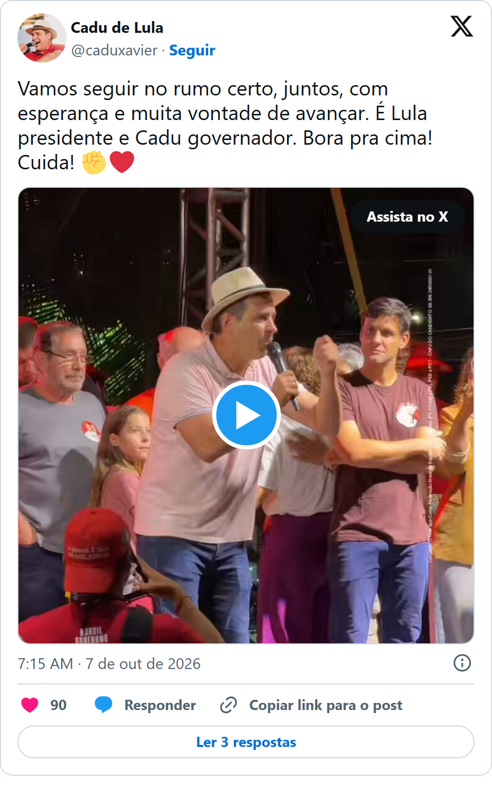 Print arquivado do post de Cadu de Lula em 07/10/2026