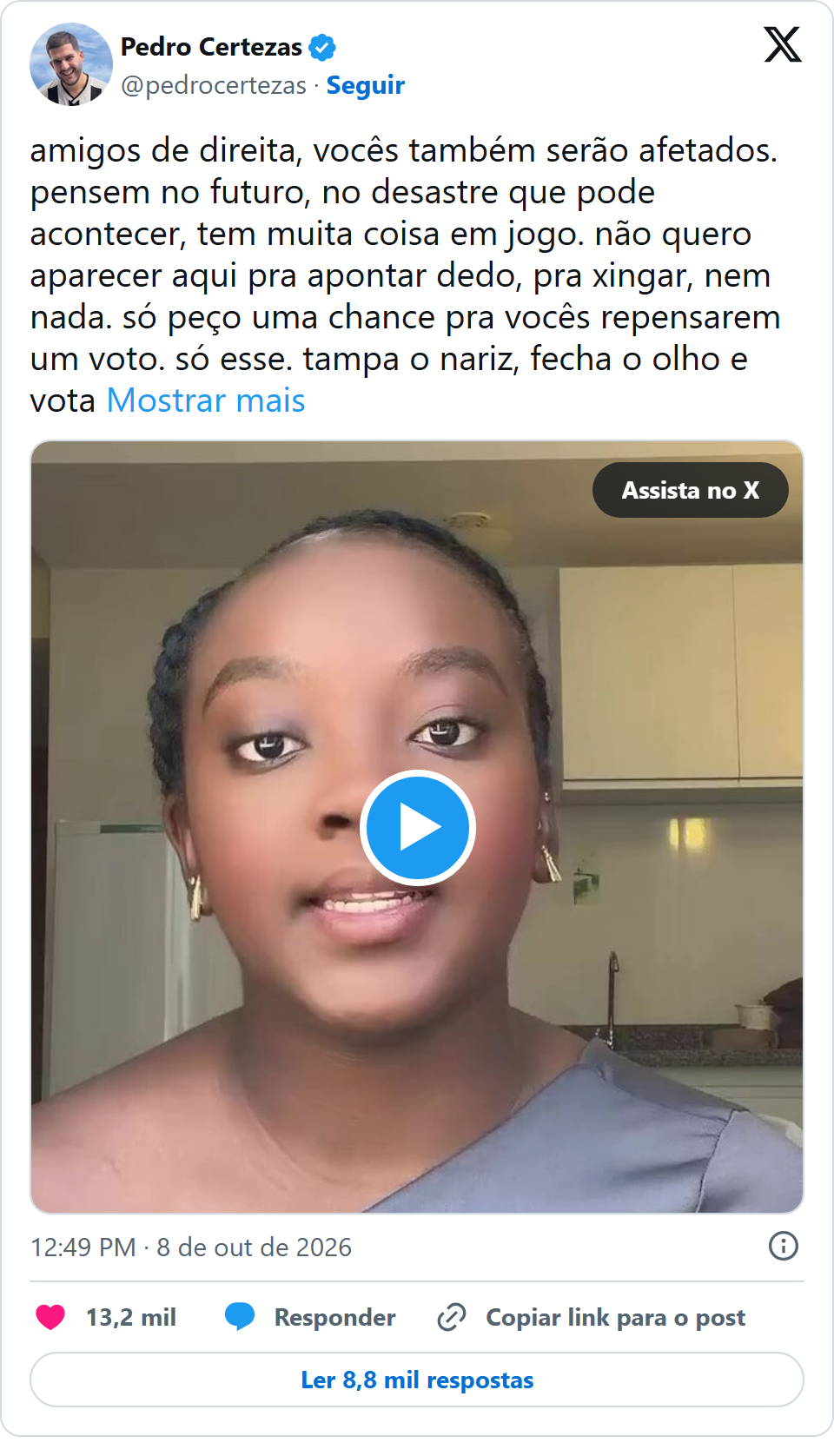 Print arquivado do post de Pedro Certezas em 08/10/2026