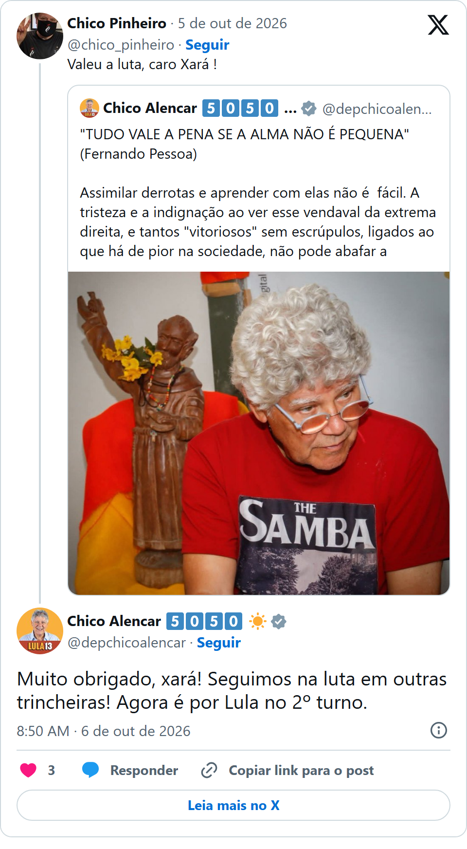 Print arquivado do post de Chico Alencar em 06/10/2026