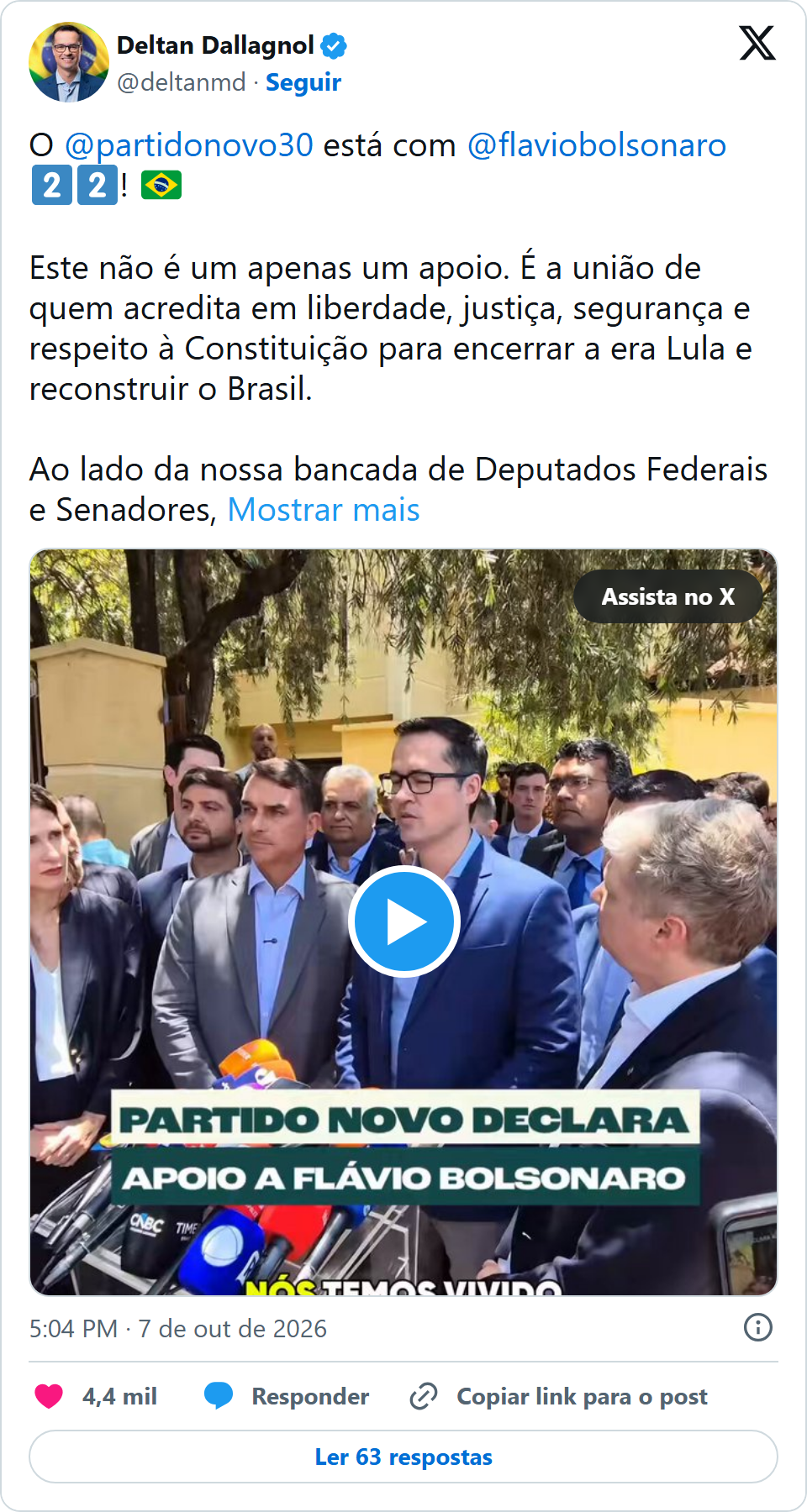 Print arquivado do post de Deltan Dallagnol em 07/10/2026