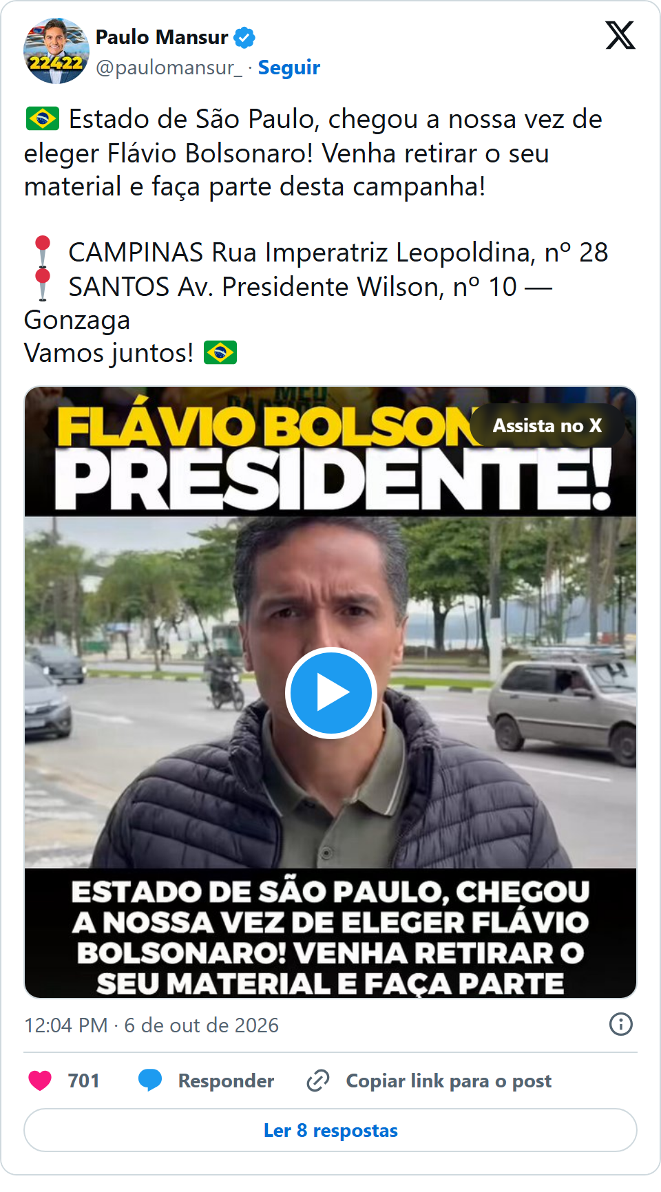 Print arquivado do post de Paulo Mansur em 06/10/2026