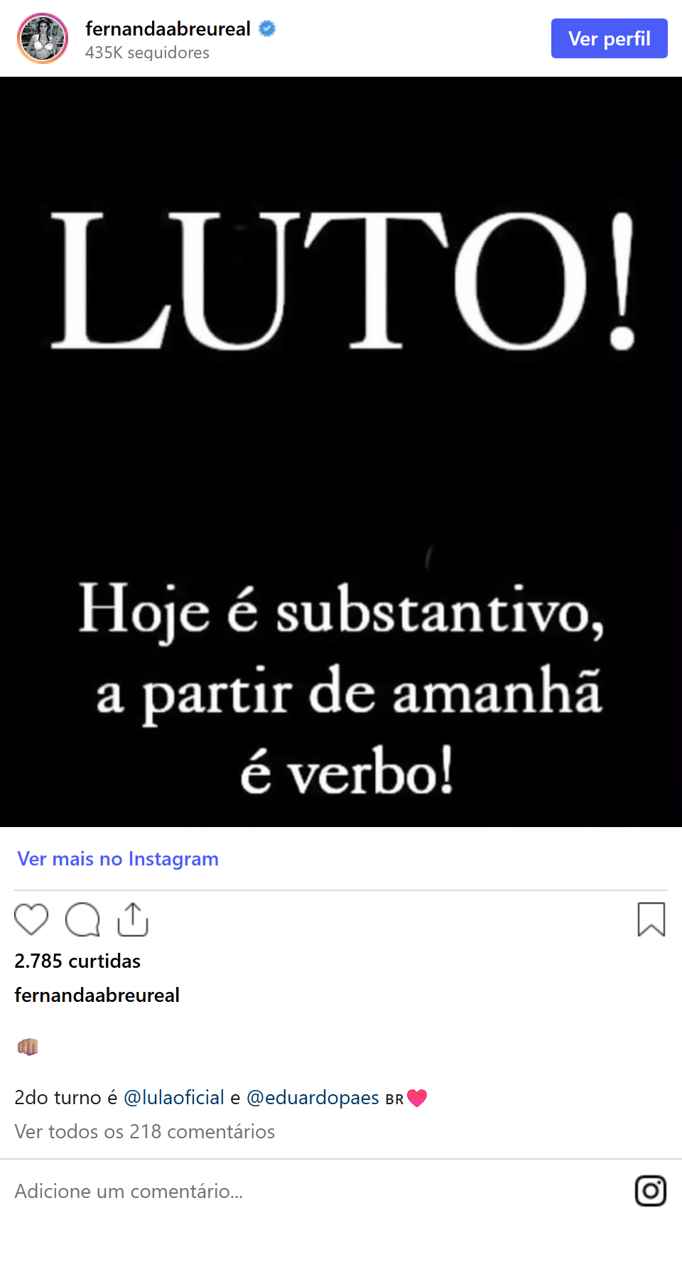 Print arquivado do post de Fernanda Abreu em 05/10/2026