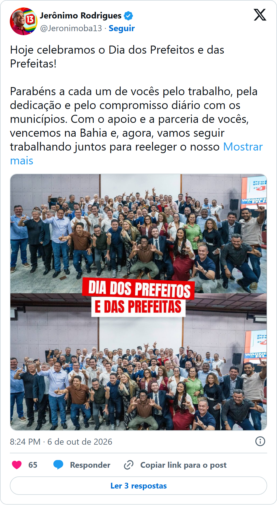 Print arquivado do post de Jerônimo Rodrigues em 06/10/2026