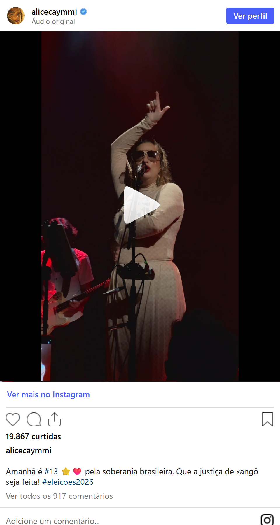 Print arquivado do post de Alice Caymmi em 03/10/2026