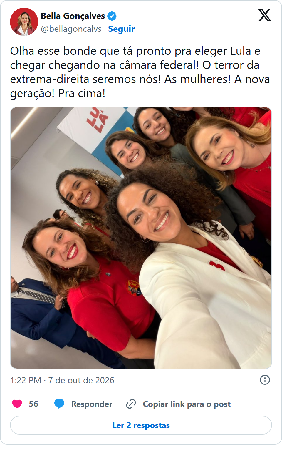 Print arquivado do post de Bella Gonçalves em 07/10/2026