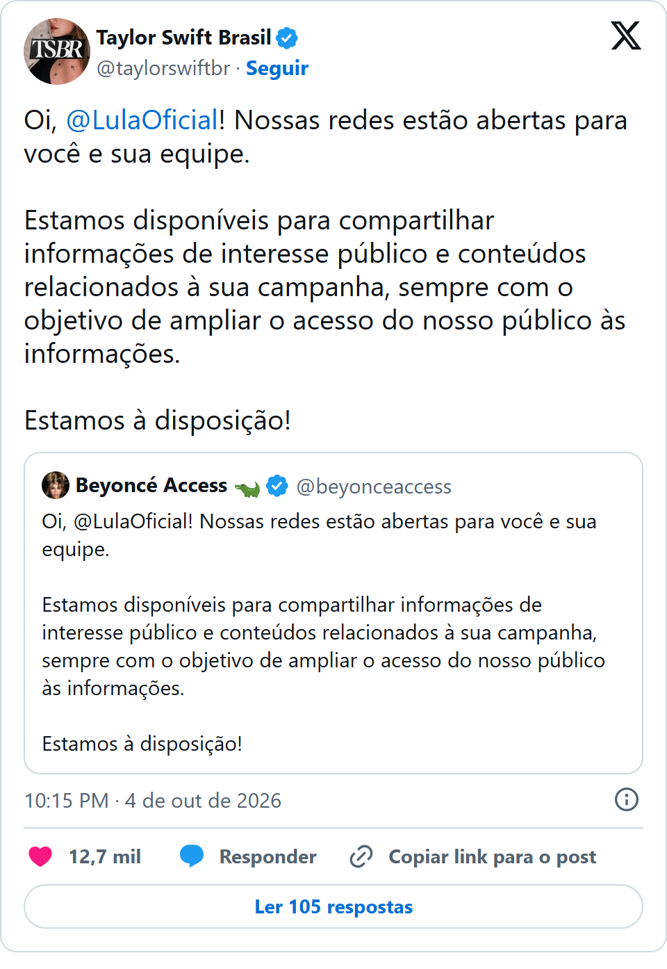 Print arquivado do post de Taylor Swift Brasil em 04/10/2026