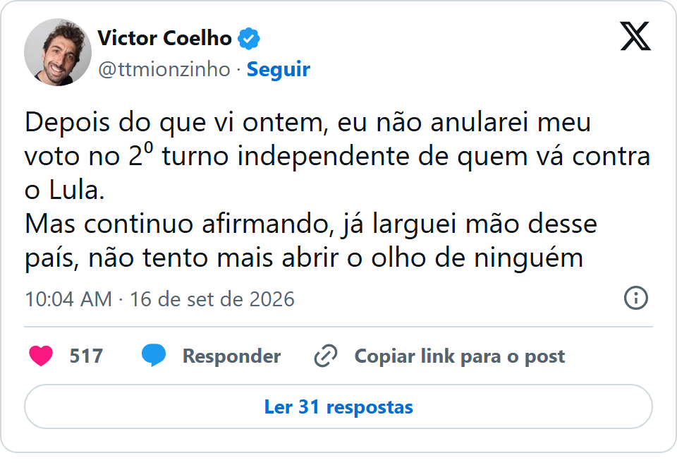 Print arquivado do post de Mionzinho (Victor Coelho) em 16/09/2026