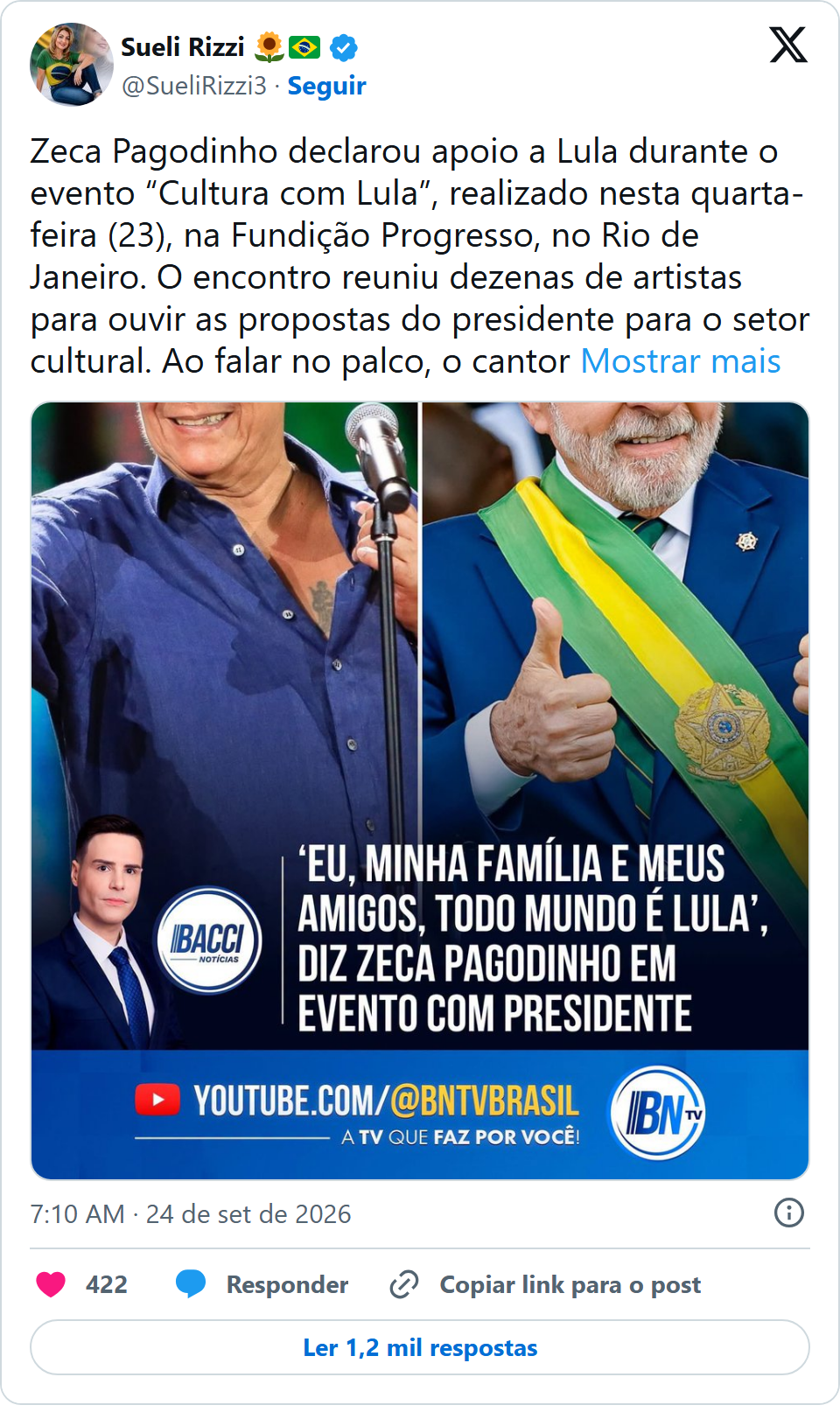 Print arquivado do post de Zeca Pagodinho em 24/09/2026