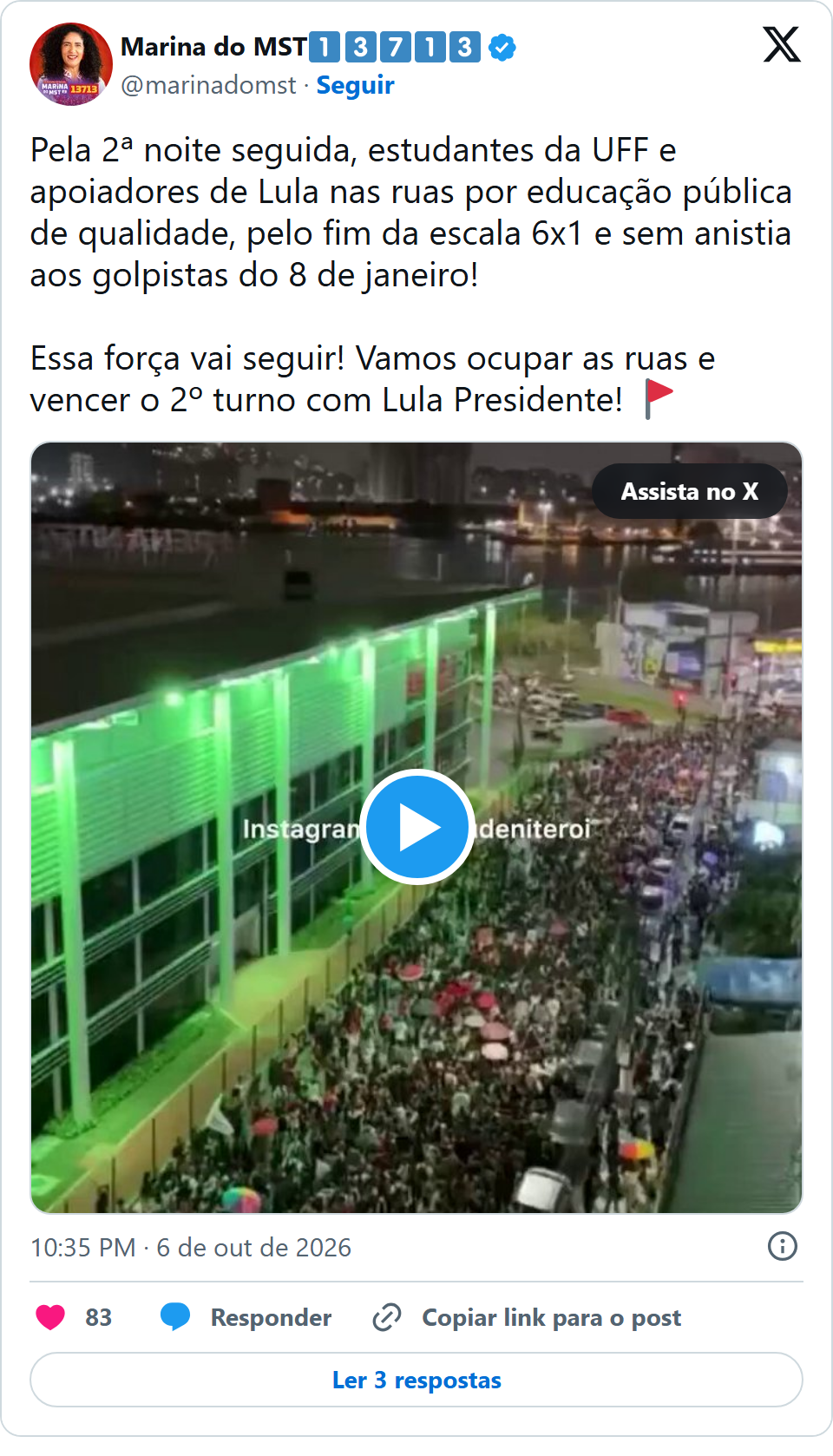 Print arquivado do post de Marina do MST em 06/10/2026