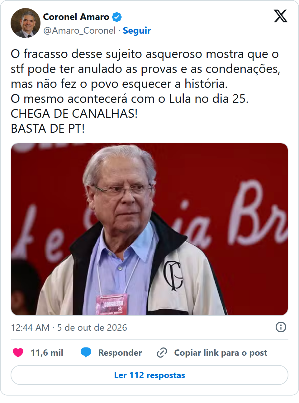 Print arquivado do post de Coronel Amaro em 05/10/2026