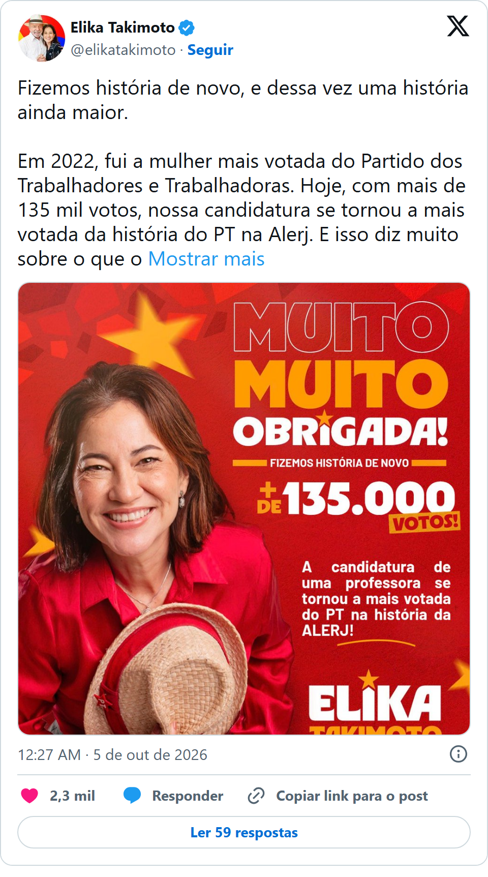 Print arquivado do post de Elika Takimoto em 05/10/2026