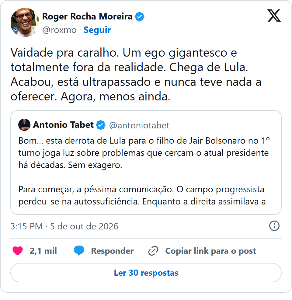 Print arquivado do post de Roger Rocha Moreira em 05/10/2026