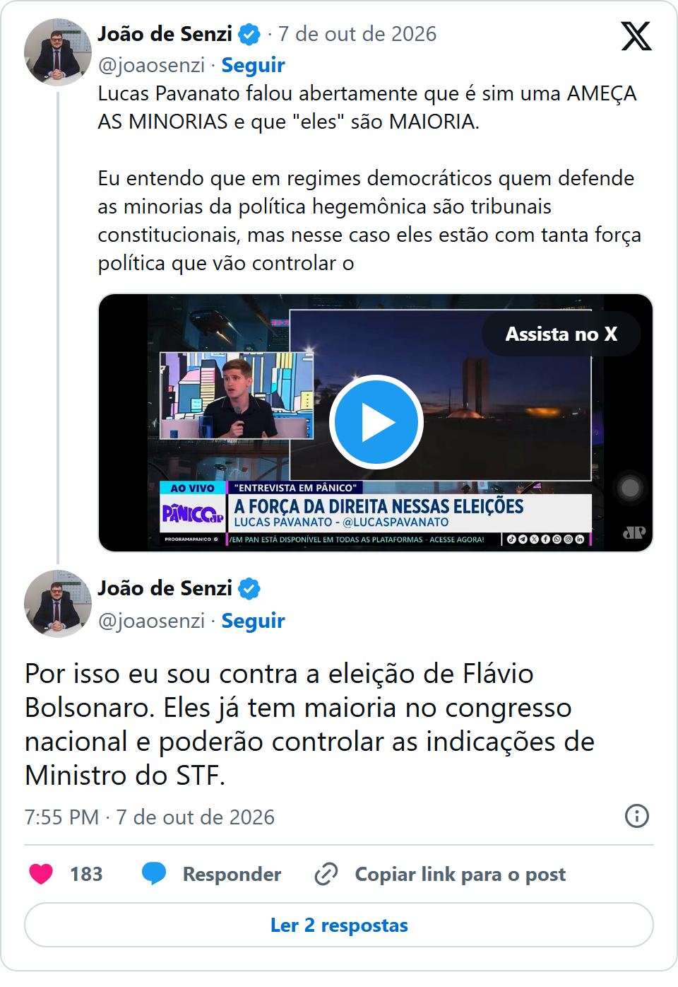 Print arquivado do post de João de Senzi em 07/10/2026