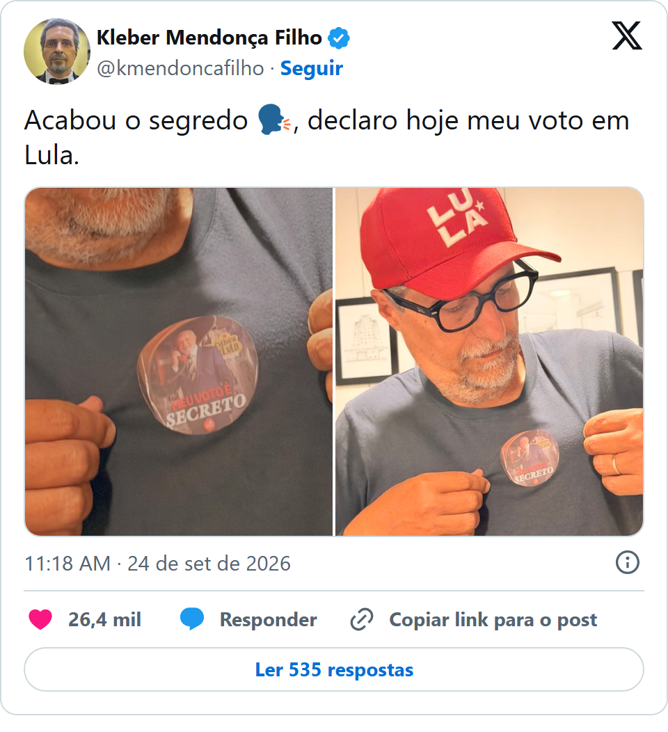 Print arquivado do post de Kleber Mendonça Filho em 24/09/2026