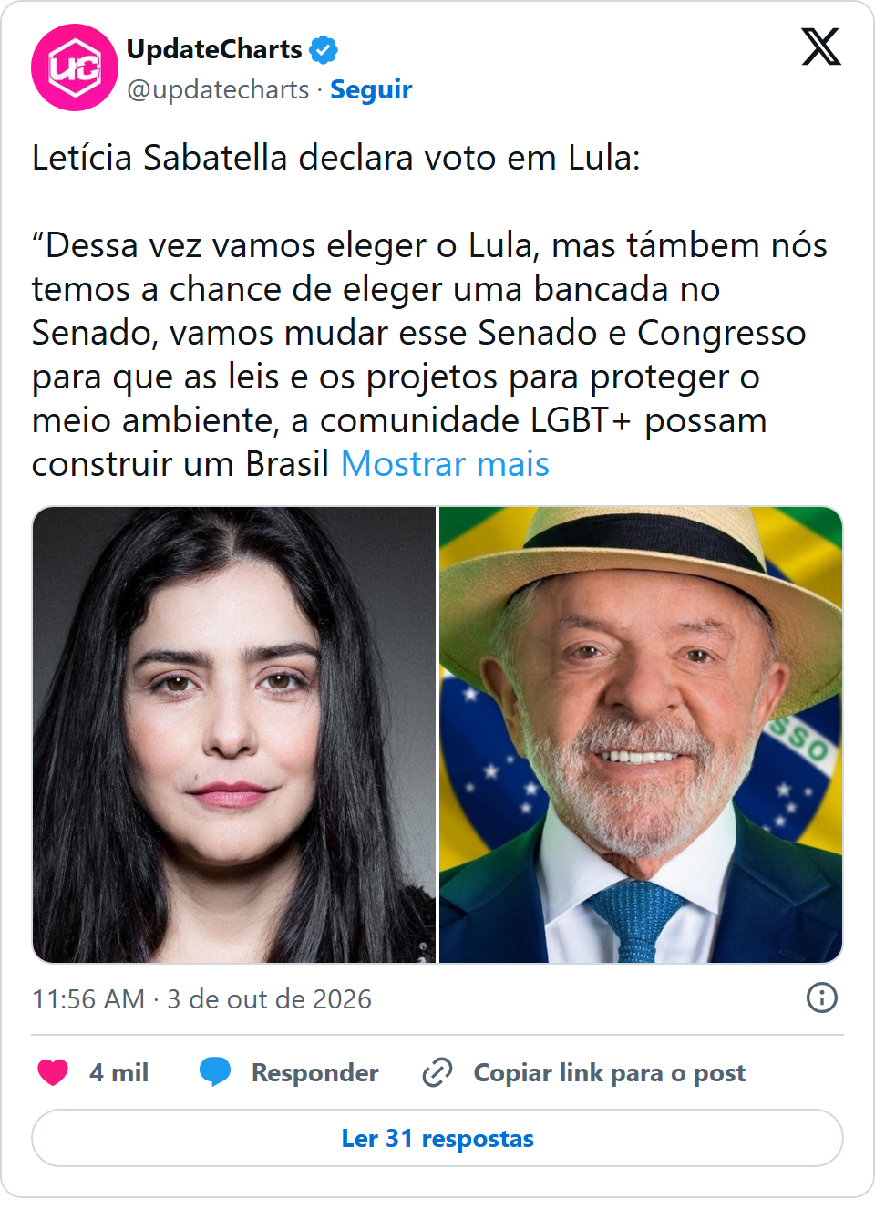 Print arquivado do post de Letícia Sabatella em 03/10/2026