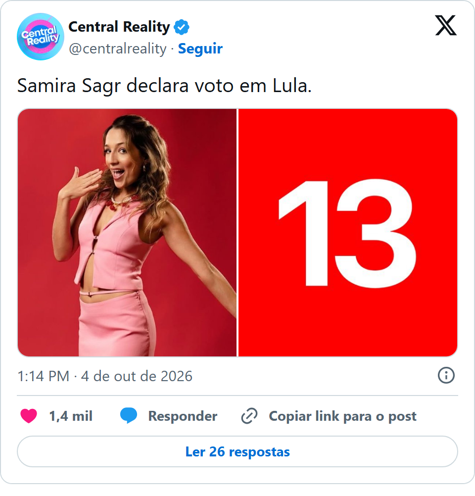 Print arquivado do post de Samira Sagr em 04/10/2026