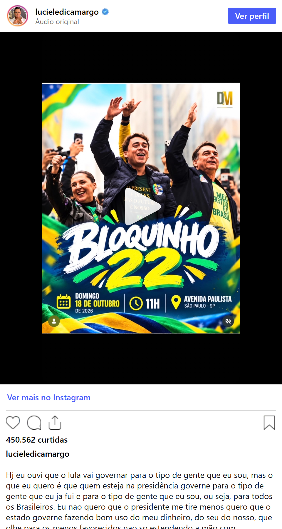 Print arquivado do post de Luciele Camargo em 17/10/2026