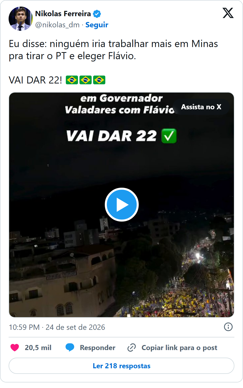 Print arquivado do post de Nikolas Ferreira em 24/09/2026